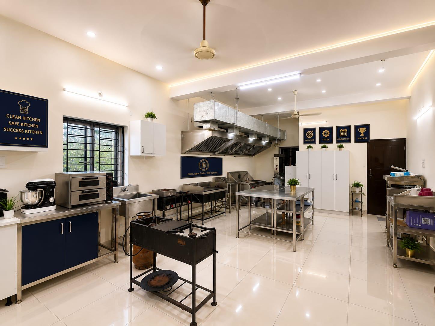 Fine Dine Academy professional kitchen with cooking stations and extraction hood