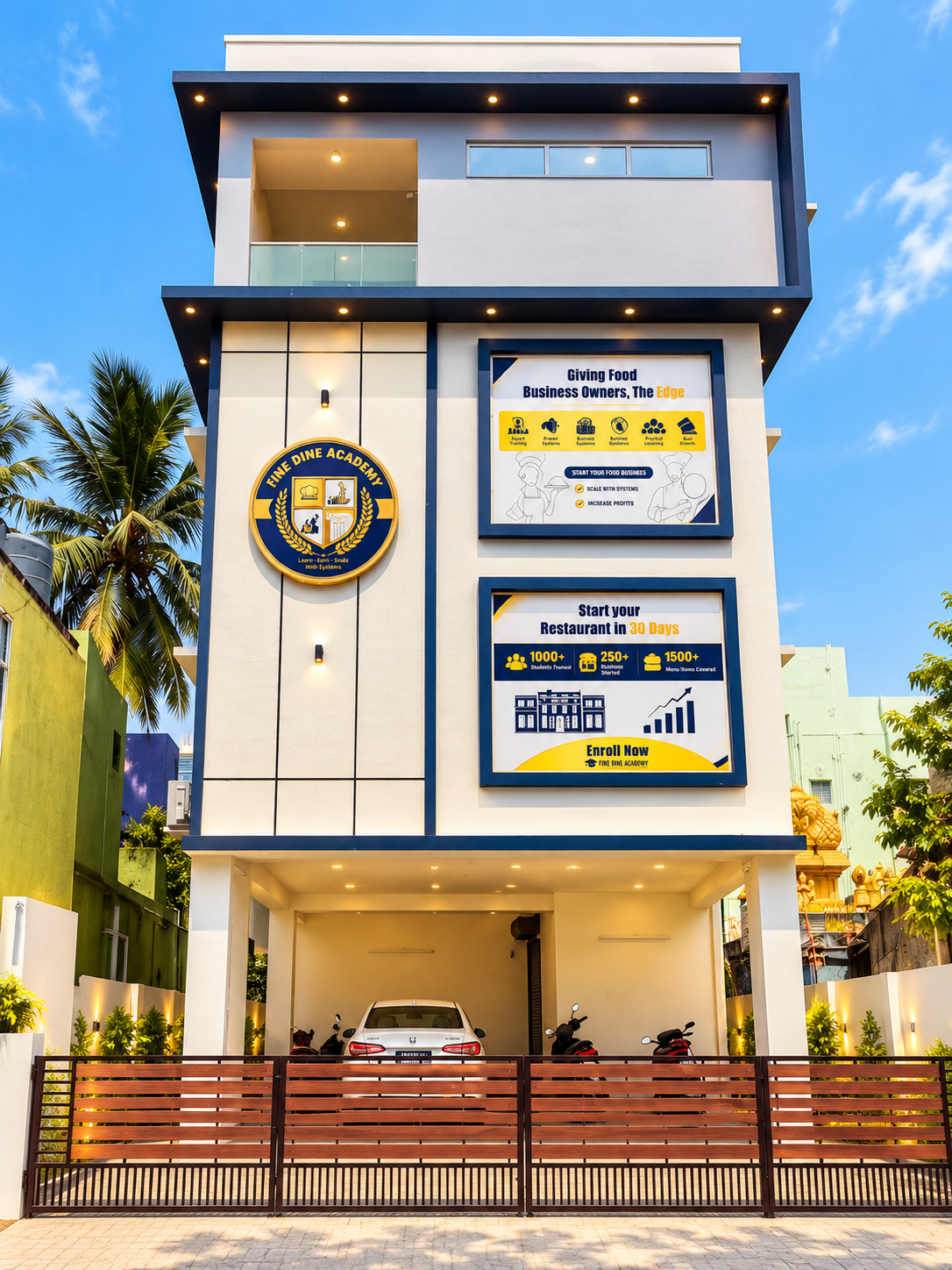 Fine Dine Academy building front elevation with logo, signage and gated parking