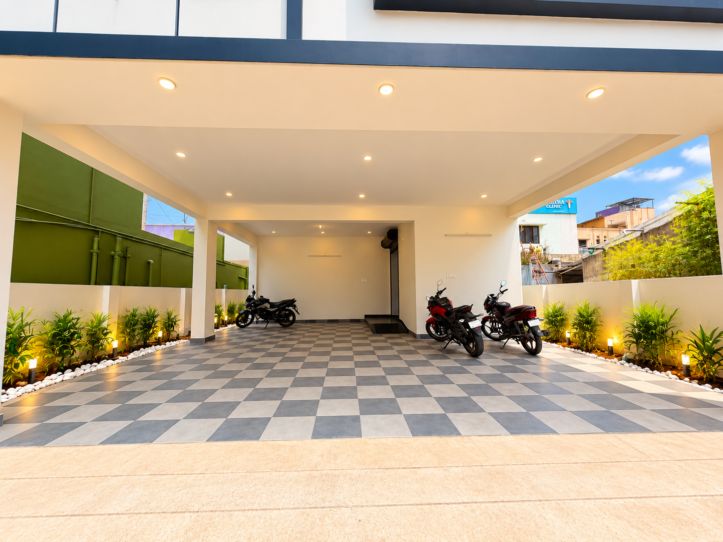 Fine Dine Academy covered parking area viewed from the entrance