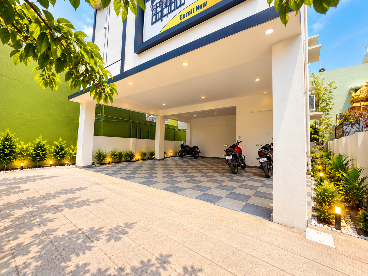 Fine Dine Academy parking area and building entrance