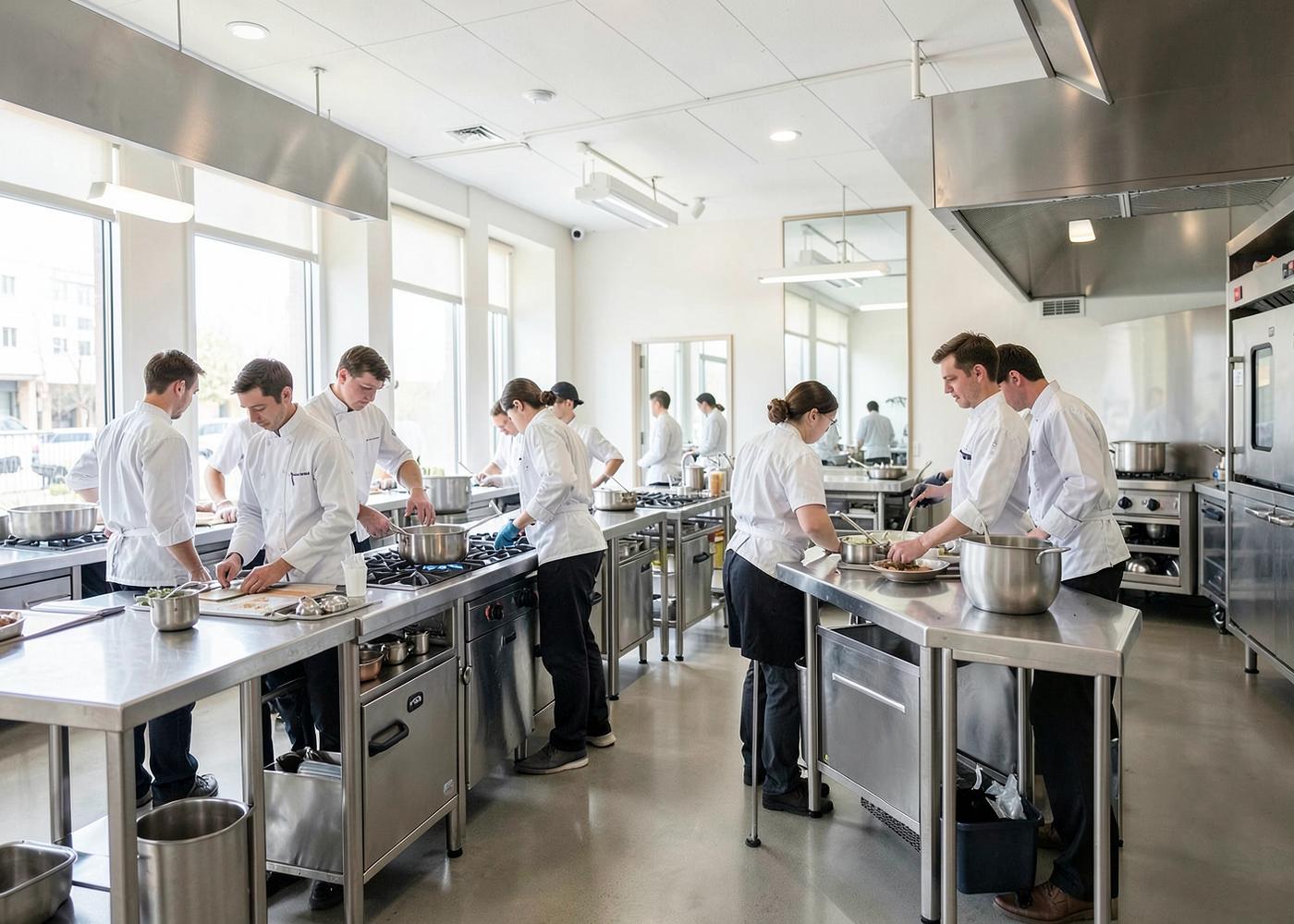 Students training at stainless steel workstations in the FDA kitchen